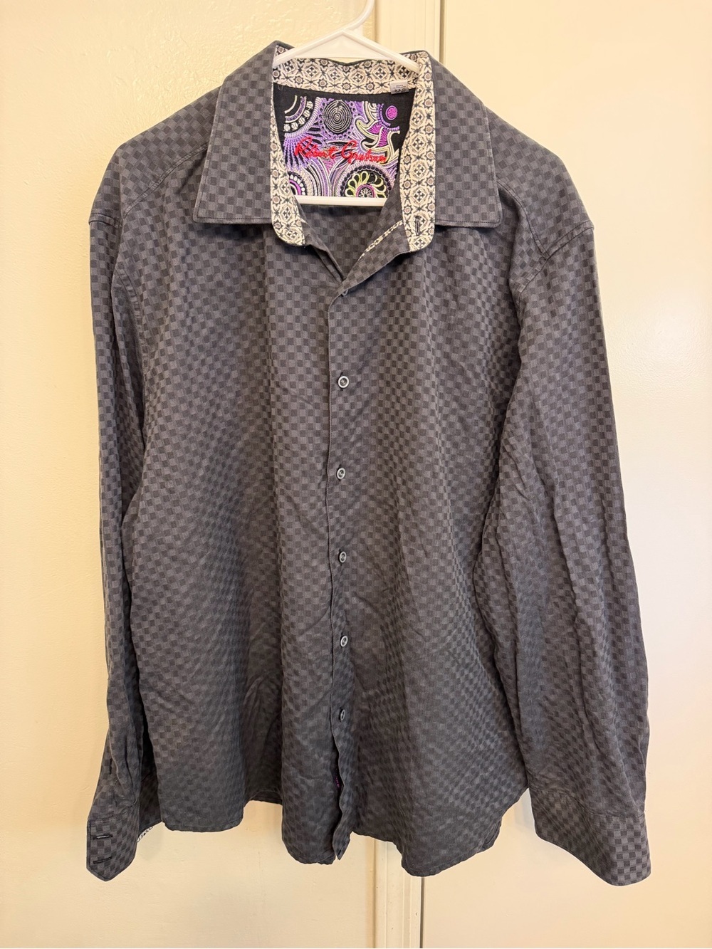 Robert Graham Charcoal Check Long-Sleeve Dress Shirt with Paisley Trim Size 3XL